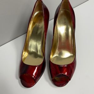 Red leather open toed heels